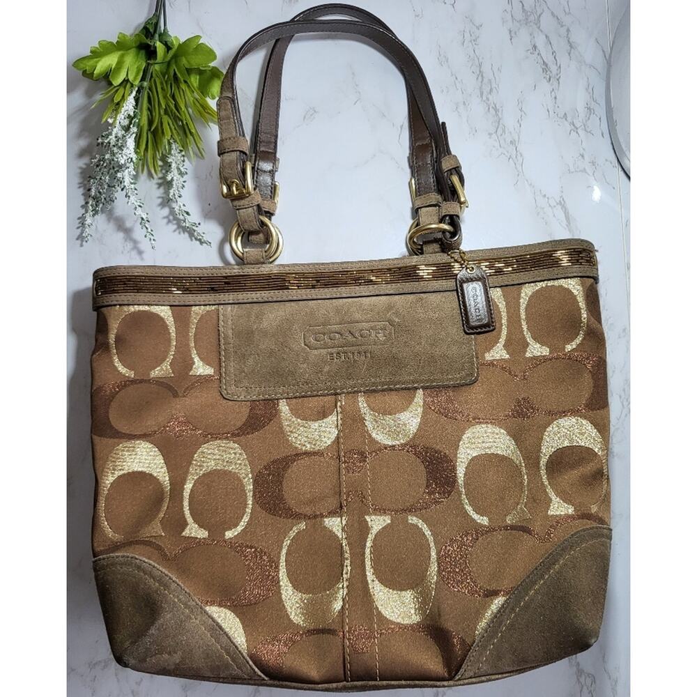 Vintage Coach Suede Leather Signature Hobo Shoulder Bag Purse Brown Gold